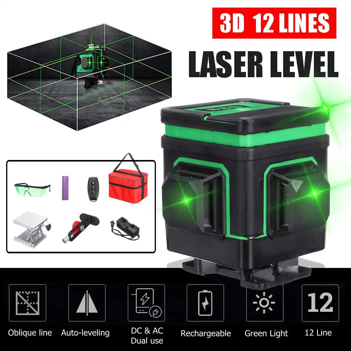 

12 Lines 360 Degree 3D Laser Level Measuring Devices Line Rotary Horizontal And Vertical Cross Laser Level w/ remote controll