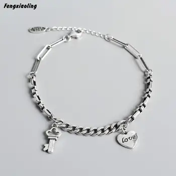 

Fengxiaoling 100% Genuine 925 Sterling Silver Vintage Letter Heart Charm Bracelets For Women Fine Jewelry Cute Accessories 2020