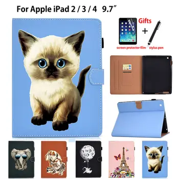 

Case For Apple ipad 2 3 4 Smart Case Cover For iPad4 iPad 3 iPad2 Funda Tablet Cartoon Cat Silicone PU Leather Stand Shell +Gift