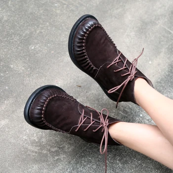 

Original Genuine Leather Handmade Women Boots Retro Large Toe Low Heels Cross-tie Ankle Boots Manual Sewing Mother‘s Shoes