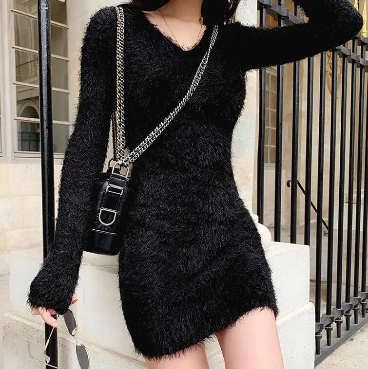 2 Hot Sexy Women V Neck Bodycon Knit Dress Fluffy Club Party Wrap Mini Dresses Korean Lady Winter Slim Fit Stretchy Sweater Dress - Цвет: 2