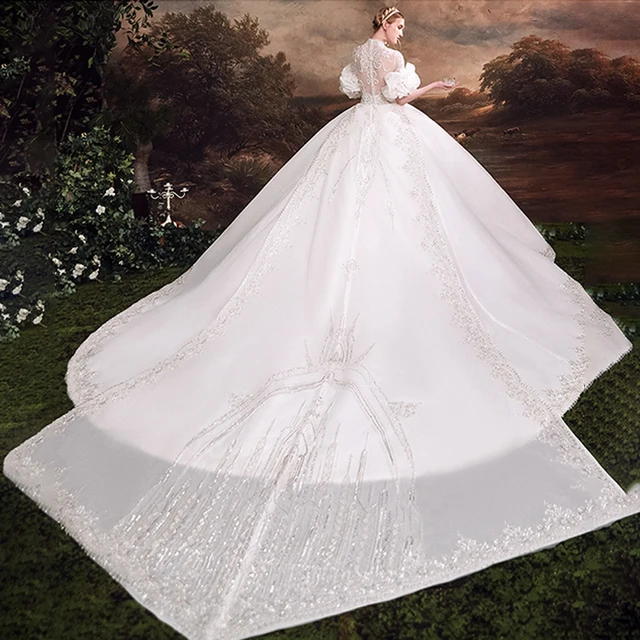LDR97 Wedding Dress White High Neck Puff Sleeve Elegant Applique Beaded Back Button Design Long Train Bridal Gown белое платье 2