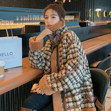

Houndstooth Faux Lamb Cashmere Lining Coat Fur One-piece Cardigan Women Winter Korean Cause Stand Collar Female Motorcycle Coats