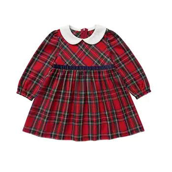 

European and American Style Long Sleeved Plaid Dress for Baby Girl Red Plaid Kids Dress for Baby Girl