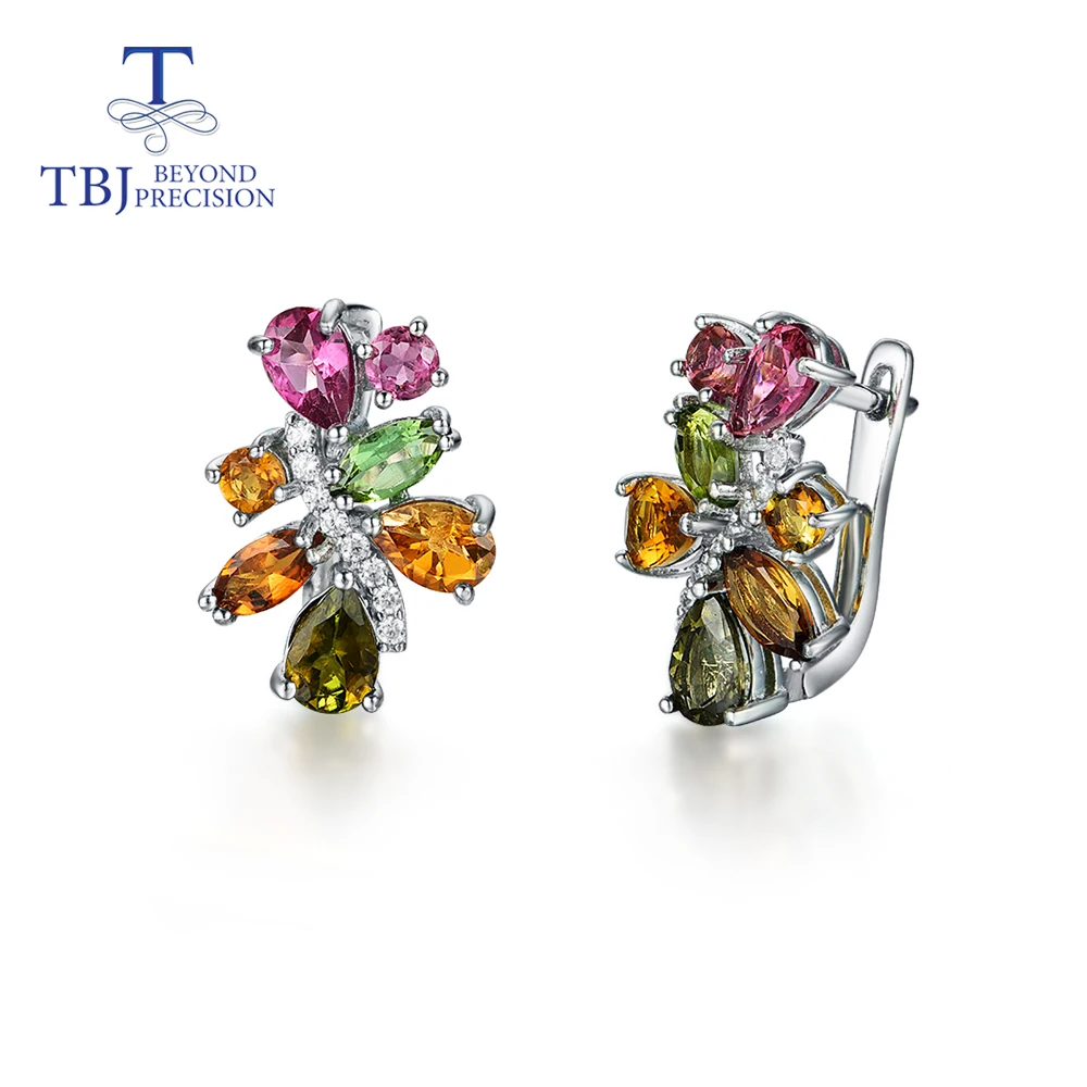 Натуральный драгоценный камень, турмалин, ювелирный набор, серебро 925 пробы, кольцо и серьги, маленький цветок, дизайн, хорошее ювелирное изделие для девочки, подарок - Цвет камня: earrings