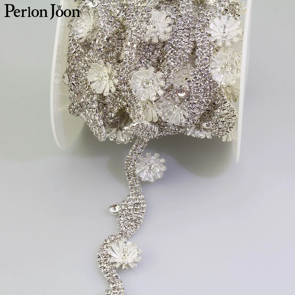 1 ярд Diy Покрытие серебро 3D цветок Стразы отделка Кристалл декоративная металлическая цепочка аксессуары для одежды ML086, ML087