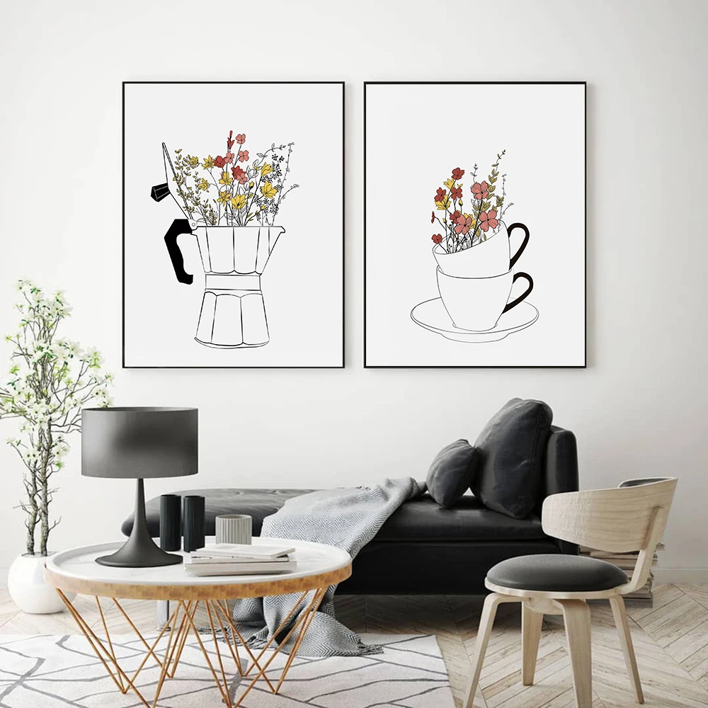

Coffee Lover Canvas Painting Cups Flowers Painting Modern Nordic Wall Art Posters for Living Room Coffee Shop Kitchen Home Decor