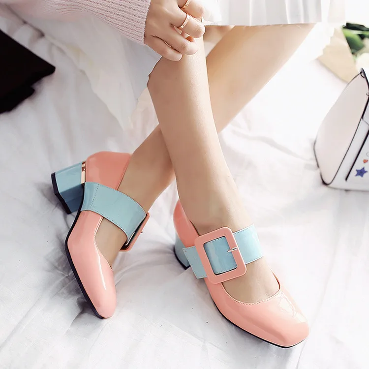 

US4-11 Womens Square Toe Chunck Mid Heel Office Lady Block Heel Big Belt Buckle Dress Pumps Shoes 3Colors Plus Size C636