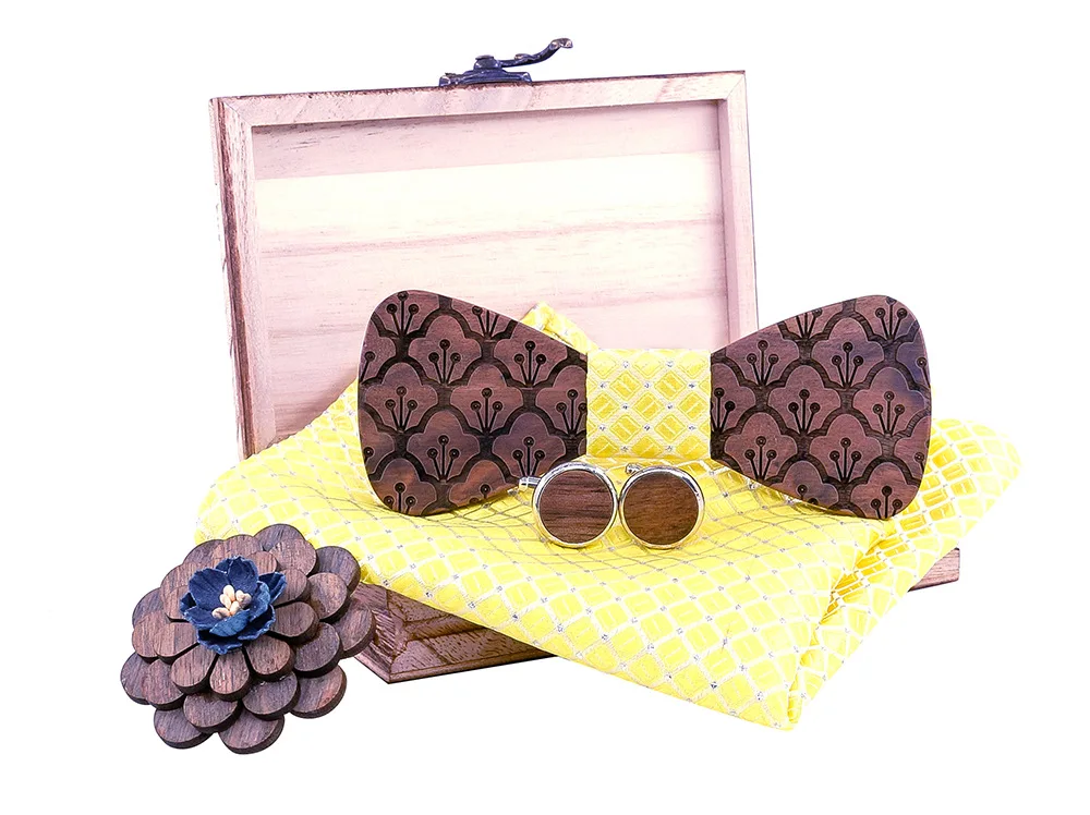 Wooden Bow Tie Men Set Square Scarf Cufflinks Brooch Party Stage Bow Tie Men's Accessories Logo Custom