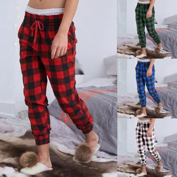 通販 秋の冬の女性のパンツファッションチェック柄プリントクリスマスパンツカジュアルパンツパジャマのズボン女性服2020