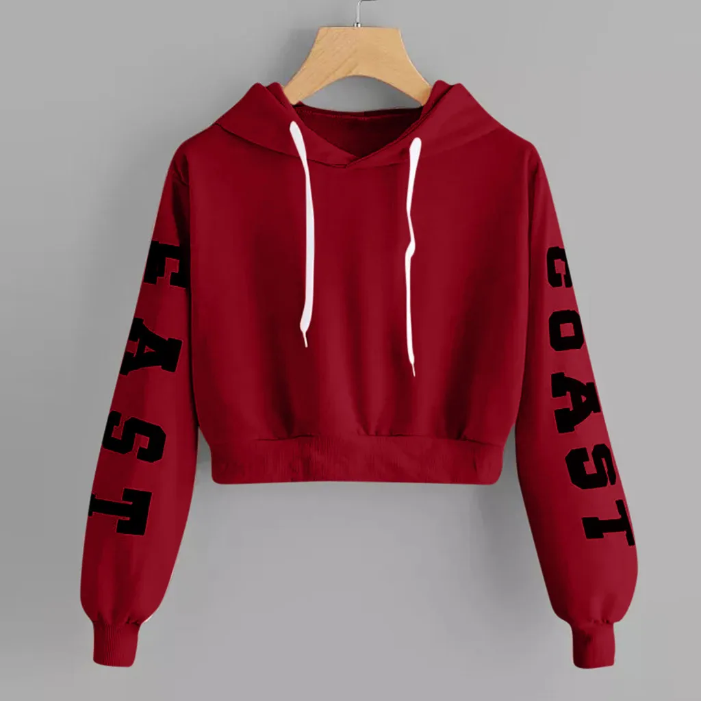 Girls Long Sleeve Hoodie Sweatshirt Crop Top with Letter Print - Red, Khaki, Yellow (Woman's Cropped Sweatshirts) image 2