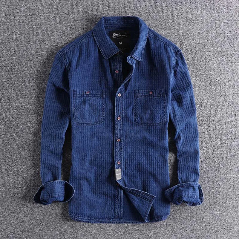 dark blue Новое поступление осенне-зимняя жаккардовая Молодежная рубашка с карманами Мужская блузка с длинными рукавами Мужская одежда для продвижения оптом XL - Цвет: dark blue