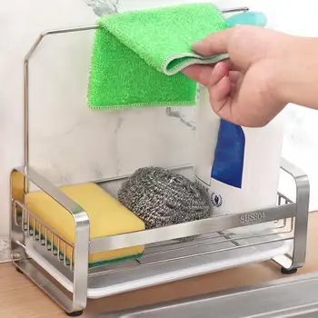 

Stainless Steel Kitchen Towel Sponge Rack Holder Soap Storage Draining Basket Sink Tray Bathroom Kitchen Organizer