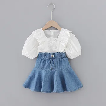 

Summer Girl's Fashion Cutout Shirt + Denim Skirt Fashion High Quality Ladies' Dress Above Knee, Mini Cotton Patchwork Short
