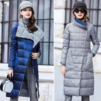

FMFSSOM 2020 New Women Winter Long Duck Down Jacket Thick Double Sided Plaid Coat Female Plus Size Warm Down Parka Women Slim