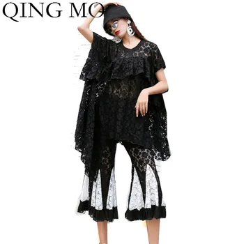 

QING MO Plus Size Women Lace Set 2020 Women Irregular Pullovers T Shirt + Flare Bottom Trousers Female Elegant Set ZQY4042