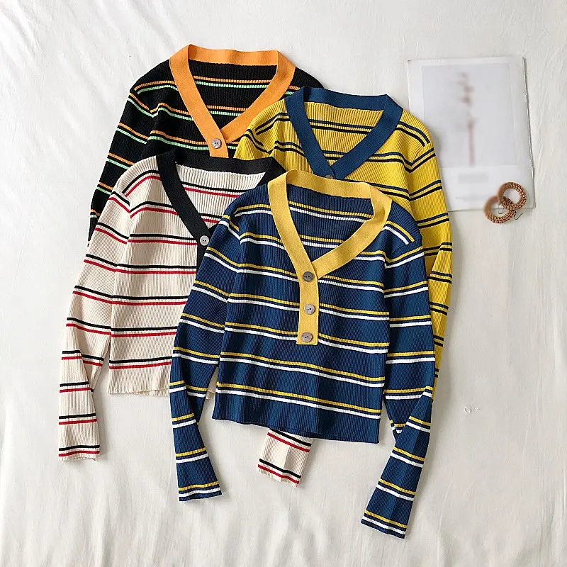 Women Sweaters Sexy V-Neck Long Sleeve Striped Button Cropped Knitted Pullover 2019 Autumn Winter Femme Sweaters
