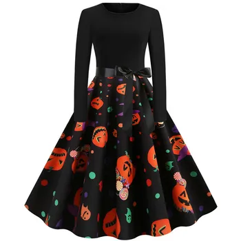

Casual Women Autumn Winter Black Print Vintage Dresses Long Sleeve Pumpkins Print Halloween Party Dress Plus Size Robe Femme