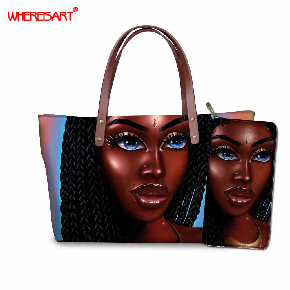 

WHEREISART African Women Bags Handbags Black Art Girl Magic Shoulder Bag Female Purse 2-Piece Set Designer Brand Bolsa Feminina