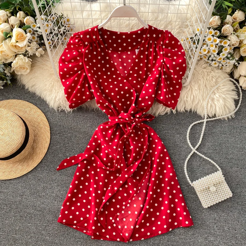 Boho, платье с v-образным вырезом в горошек, летнее Бандажное короткое платье, вечерние платья для женщин, повседневные красные платья для пляжного отдыха