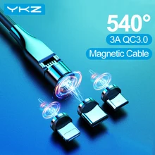 YKZ-Cable cargador USB magnético de rotación de 540 grados para iPhone, Cable Micro USB tipo C, imán 3A, carga rápida para Samsung y Xiaomi