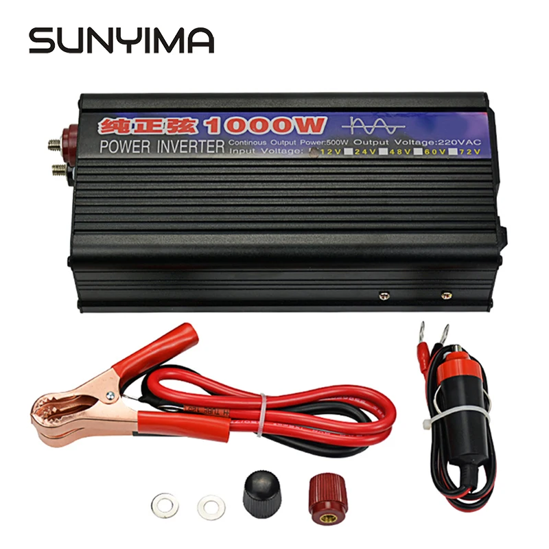 Billige SUNYIMA 1000W Reine Sinus Welle Inverter DC12V 24 V Zu AC220V 50HZ Stromrichter Booster Für Auto inverter Haushalt DIY