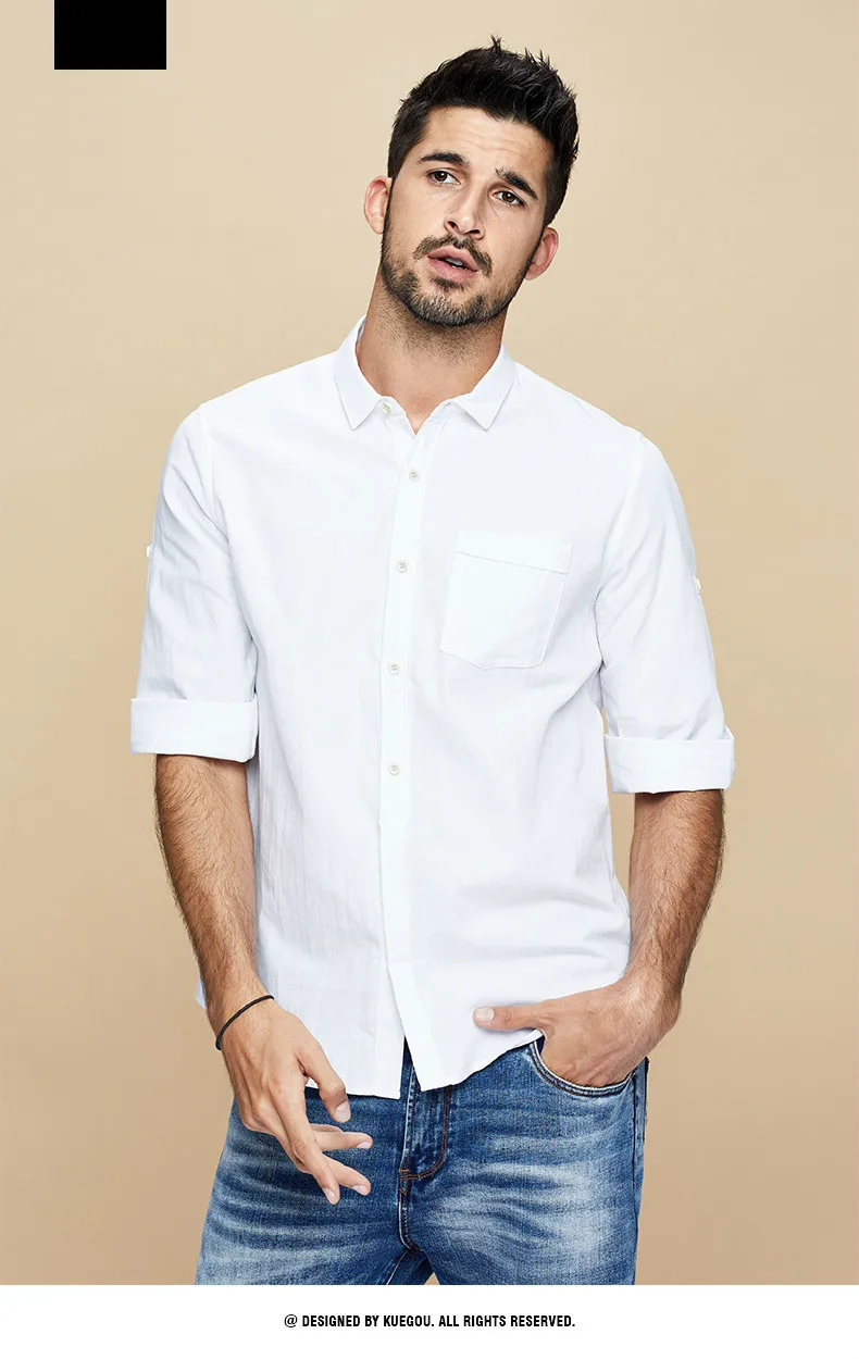 KUEGOU осень хлопок простая белая рубашка Мужская одежда Повседневная приталенная уличная одежда для блузки для мужчин Модная брендовая одежда 8199