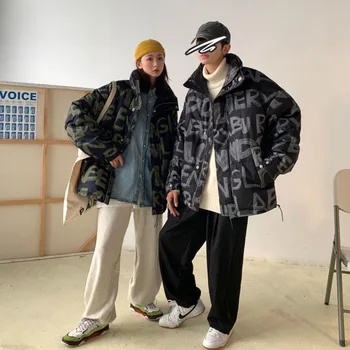

2020 Winter New Youth Popular Couple Hong Kong Style Ins Letter Printing Thick Down Jacket Fashion Casual Loose Plus Size Top