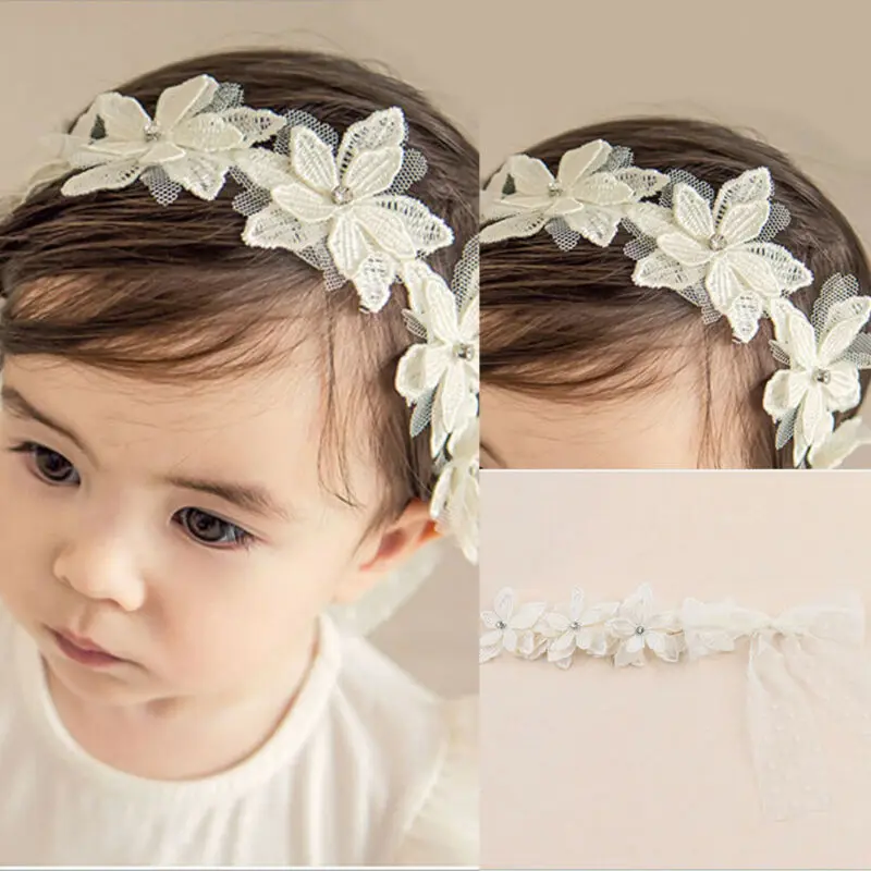 Кружевная повязка на голову для новорожденных девочек с цветочным узором и лентами; белый головной убор с цветочным узором для свадебной вечеринки