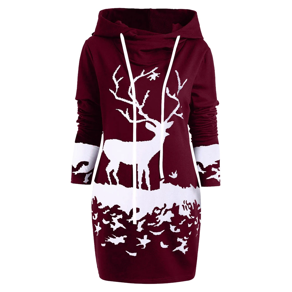 LASPERAL Платье женское рождественское Монохромное с принтом оленя с капюшоном мини-платье на шнурке Повседневное платье femme ete - Цвет: wine red