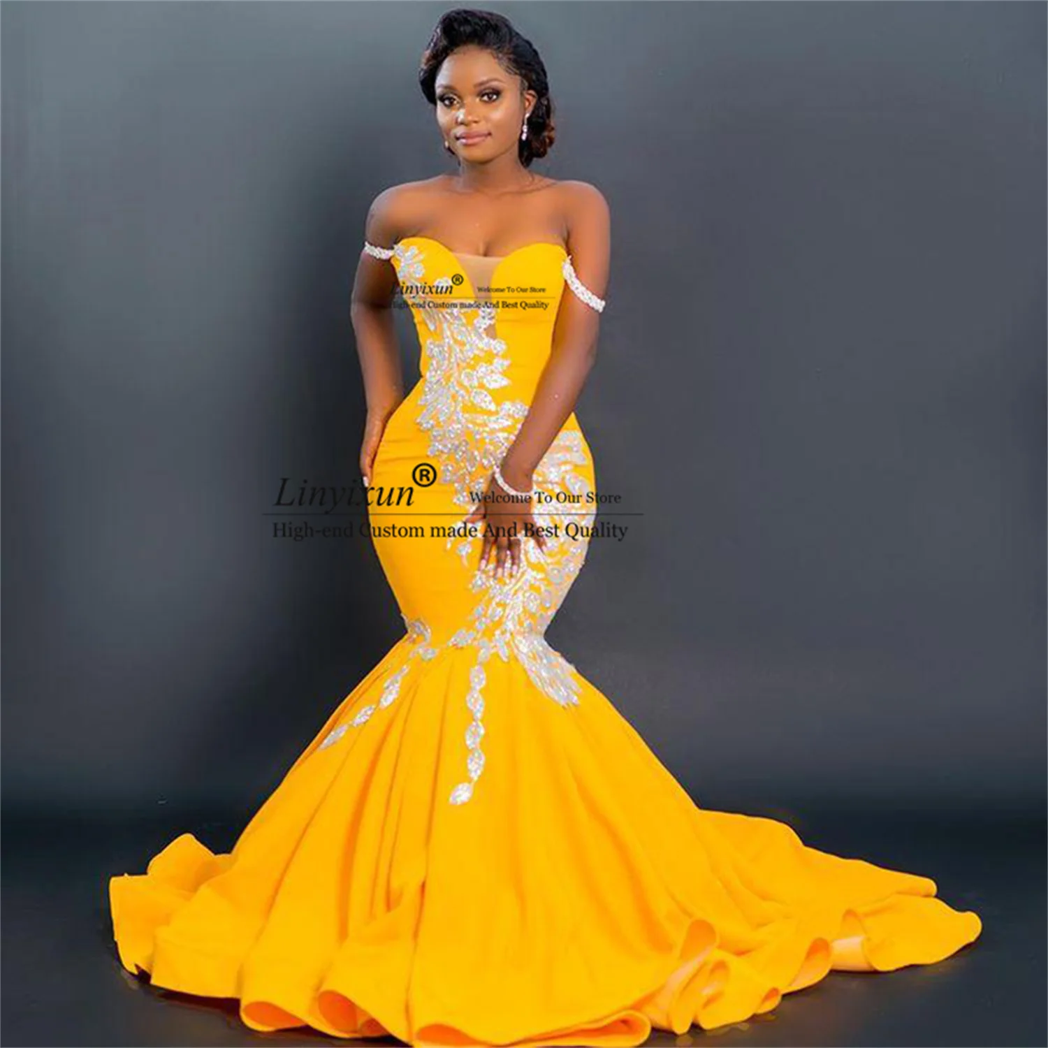 Sexy Gold Mermaid Prom Dresses With Sequined Lace Appliques Aso Ebi Evening Dress 2022 Court Train Formal Women Party Dress plus size prom & dance dresses Prom Dresses