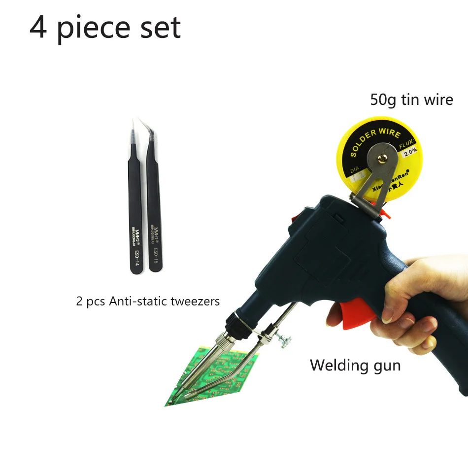 4 piece set Пинцет 60 Вт оловянный Электрический паяльник Комплект полуавтоматический оловянный пистолет электрическая паяльная станция наконечник присоска проволока сварочные инструменты - Цвет: 4 piece set