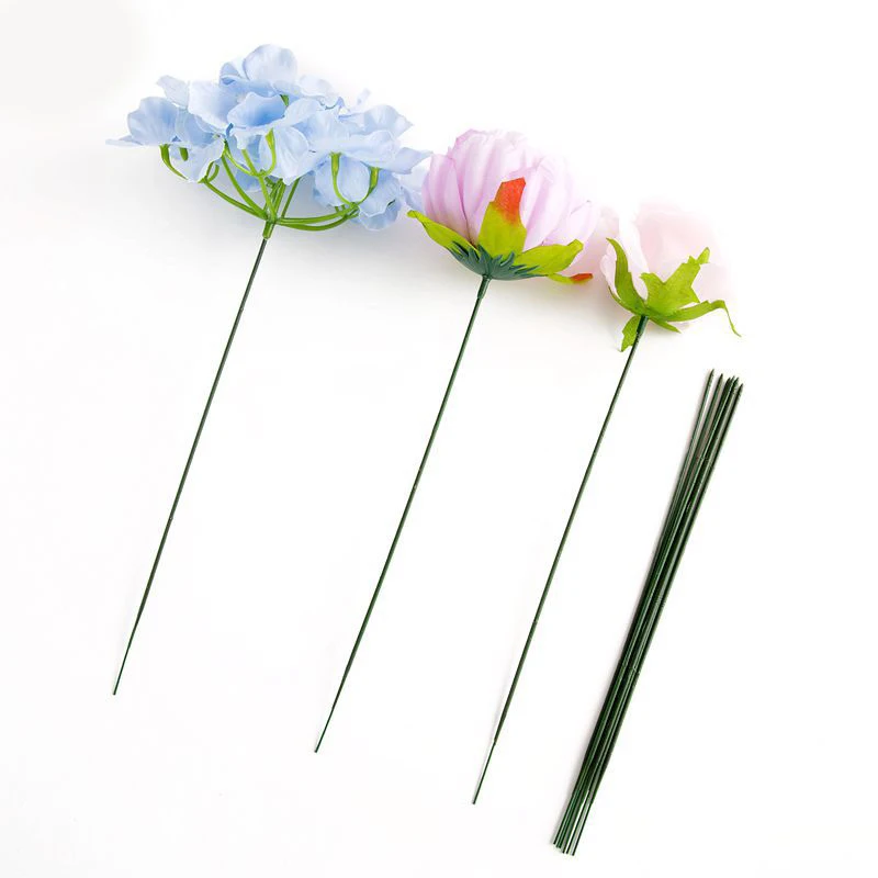 Florist Flower Plastic Wire Rose Stems with LEAVES 2mm Dark Green x 10 pcs