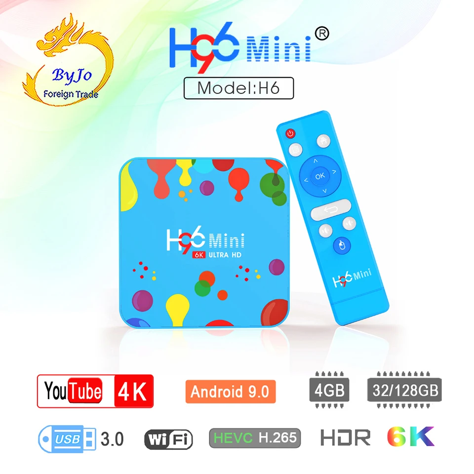 

H96 Mini H6 Android 9.0 Smart TV Box 6K IPTV Set Top Box 4G DDR3 128G EMMC Dual Wifi 2.4G & 5.8G support 6K YouTube Media Player