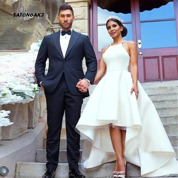 

SATONOAKI Simple Wedding Dresses Low Halter Neck Satin A-Line Sleeveless 2020 Cheap Wedding Party Formal Beach Bridal Gowns