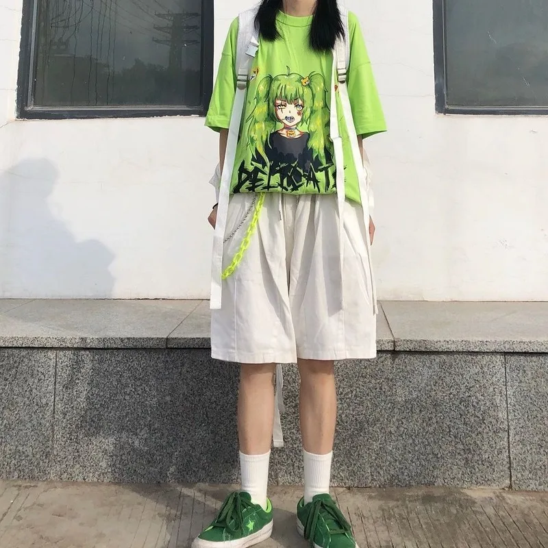 QWEEK Gothic T Shirt Women Japanese Harajuku Anime Cute Print Vintage Loose Streetwear T Shirt Femme Mall Goth Tops