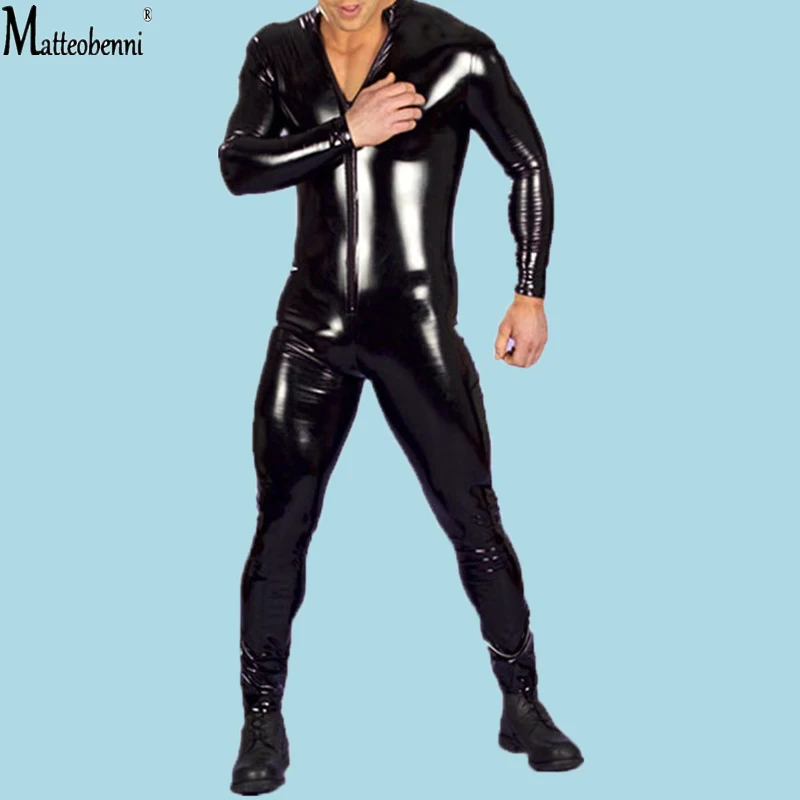 Men Bodysuit Jumpsuit Faux Leather Front Zipper Crotch Lingerie Gay Fetish Costumes Erotic