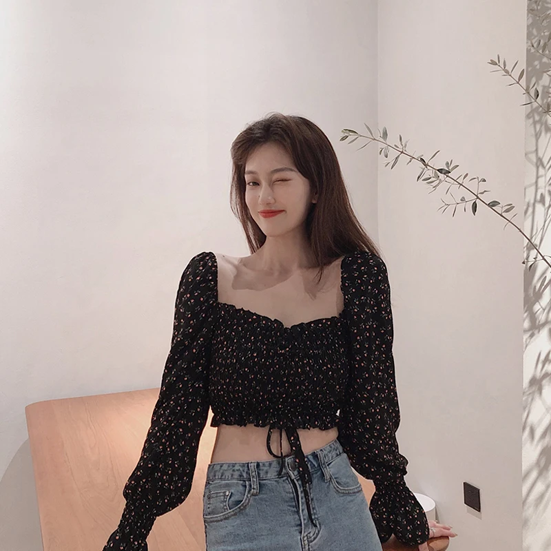 

Fashion Vintage Floral Shirt Women Drawstring Lace Up Design Spring Autumn 2019 New Slim Chiffon Blouse Cropped Crop Top Tops