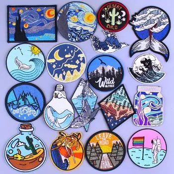 

Adventure Outdoor Hiking Patch Iron On Patches On Clothes Embroidered Patches For Clothing Stripes Van Gogh Badges DIY Jacket