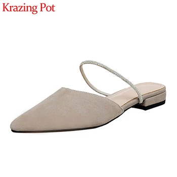 

Krazing pot classic sandals full grain leather pointed toe low heels slip on mules simple style high streetwear shoes women L52