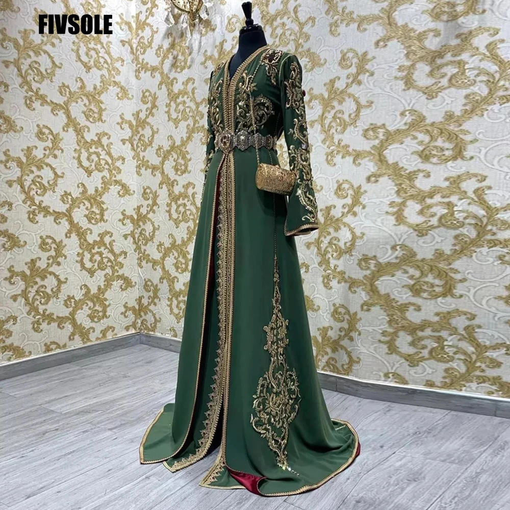 Green Moroccan Kaftan Caftan Muslim Evening Dresses A-line V-neck Long Sleeves Appliques Dubai Arabic Turkey Abaya Islamic Gown ball gown Evening Dresses