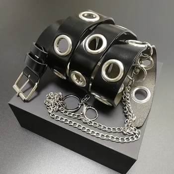 

Punk belt genuine leather belts for women hip hop adjustable eyelet men cintos with chain 2020 dress cummerbunds high quality