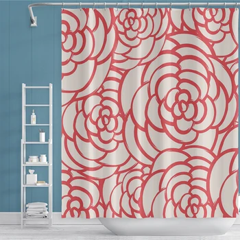 

New Fashion Polyester Shower Curtain Red Lines Flower Printed Curtains Bathroom Home Decor Waterproof Bath Curtains With Hooks