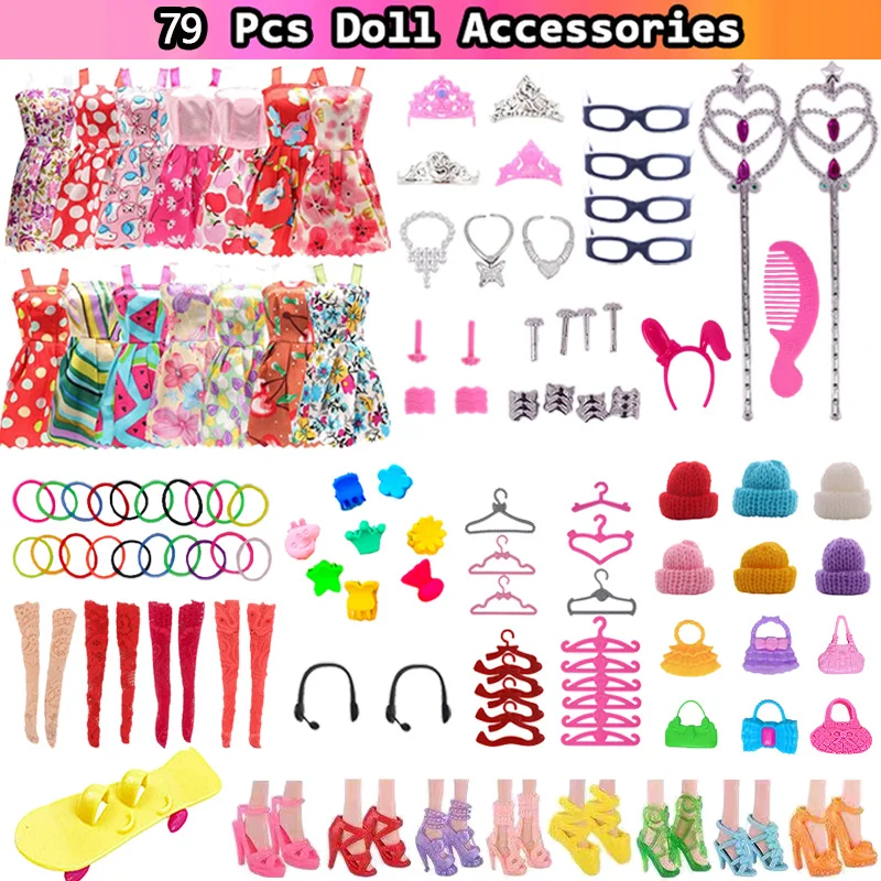79 Pcs/Set Doll Clothes Accessories Shoes Dress Handbag Crown Hangers Glasses 