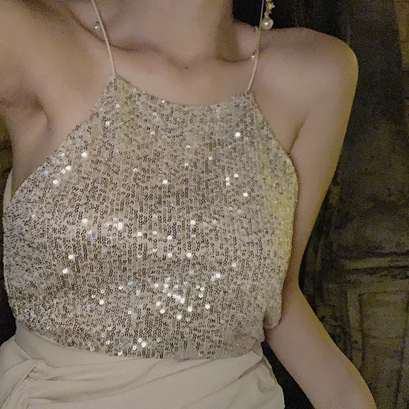 

Korean Style Sexy Nightclub Shining Sequins Tank Vest Crop Tops Solid Women Camis