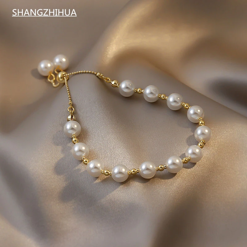 Pulseras elegantes de perlas artificiales para mujer, moda coreana, accesorios dulces de para niña 2022|Pulseras de hilo| - AliExpress