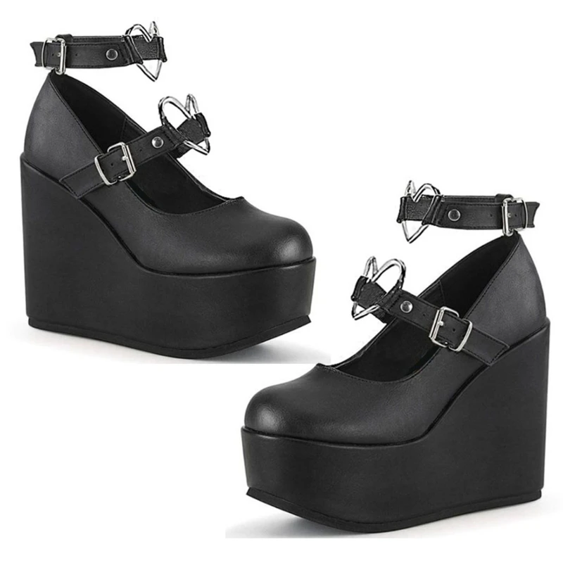 Womens Lolita Heart Buckle Strap Platform Shoes Gothic Kawaii Wedge High Heels 