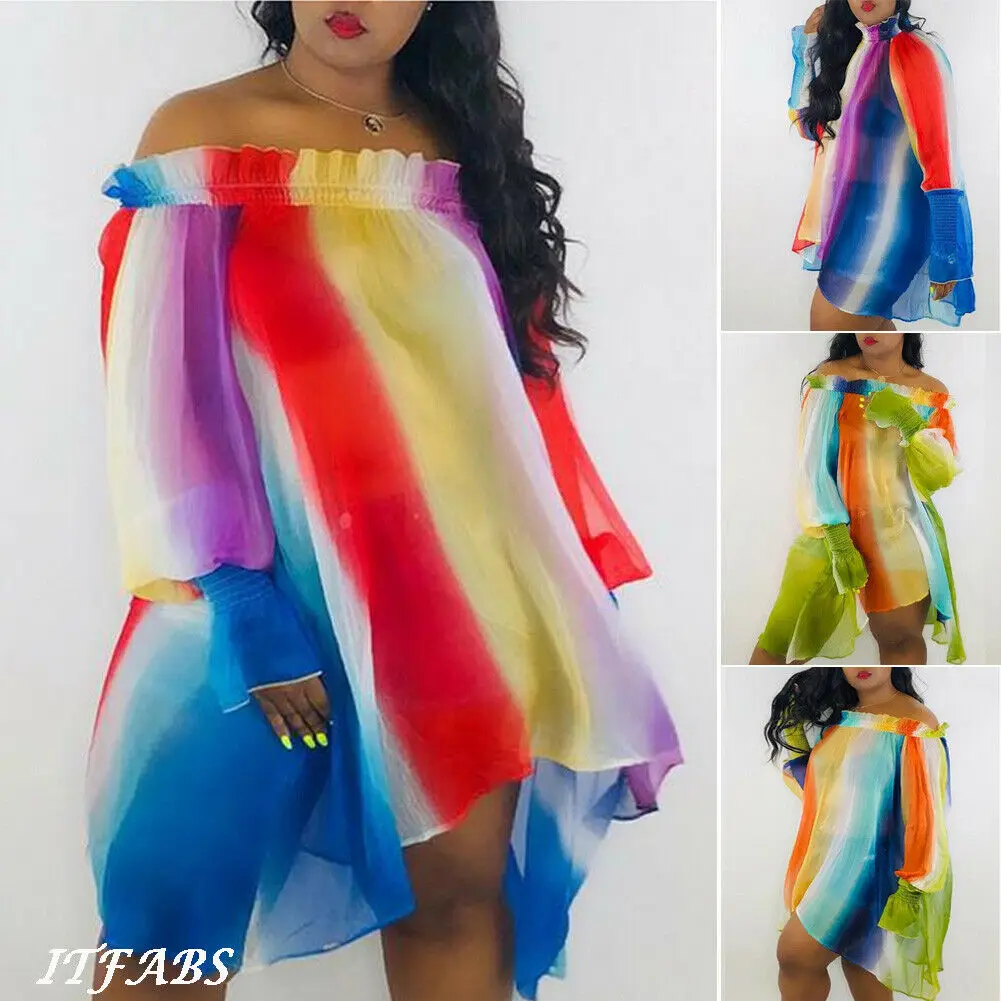 Радужные полосатые с открытыми плечами эластичные мини-платья вырезом лодочкой