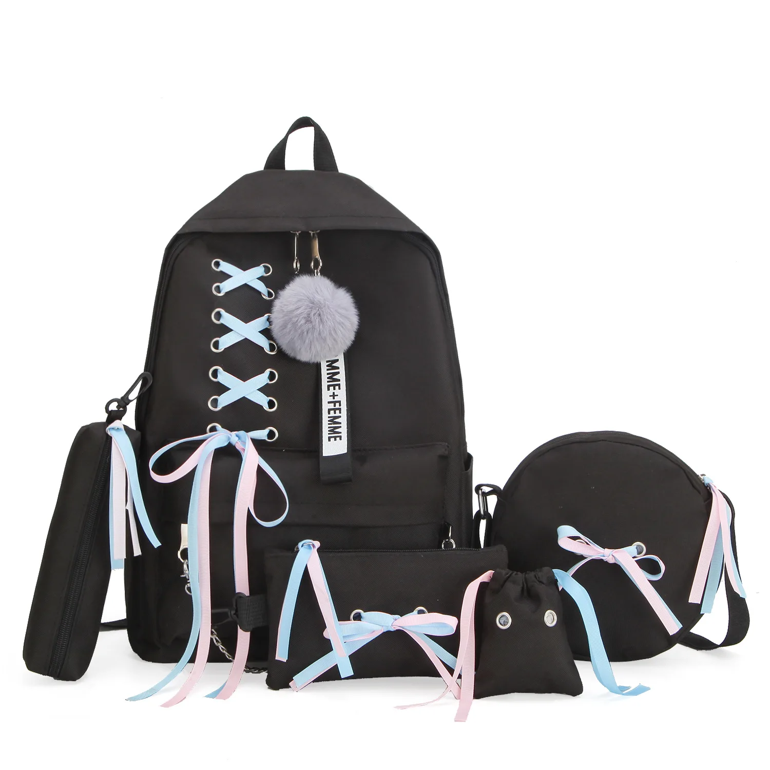 Мода, школьная сумка для девочек-подростков, однотонный рюкзак, школьный рюкзак для колледжа, Женская Студенческая сумка, черный кружевной рюкзак пачки с бантом - Цвет: black-16 inch