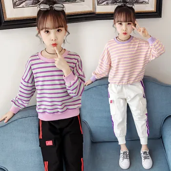 

JMFFY Autumn Kids Baby Girls Sets Tops Blouse Pants Fashion Cotton Toddler Outfits Girl Set Clothes Striped Sport Suits 4-15T